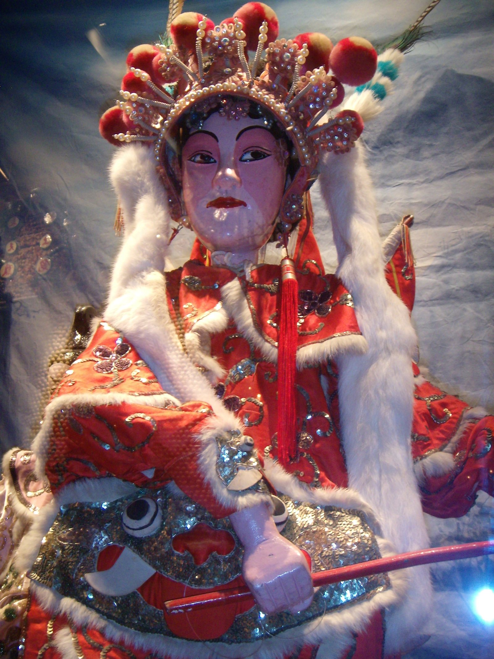 DSCN3228 A puppet depicting a scene from “General Di Qing Repeatedly Defeats the Barbarians.” In this scene, Qing and the princess meet in the forest