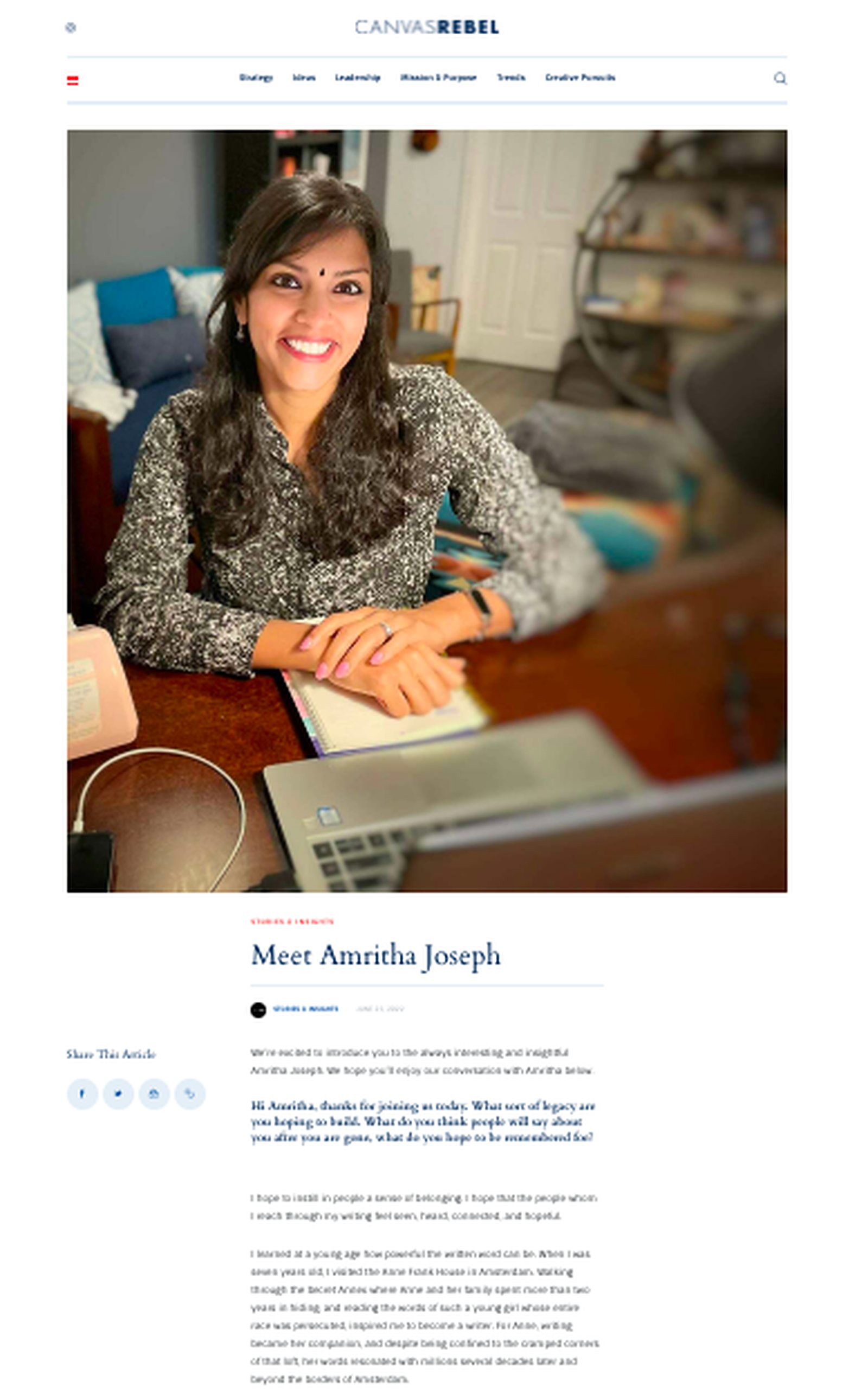 Writer Amritha Joseph featured in Canvas Rebel 