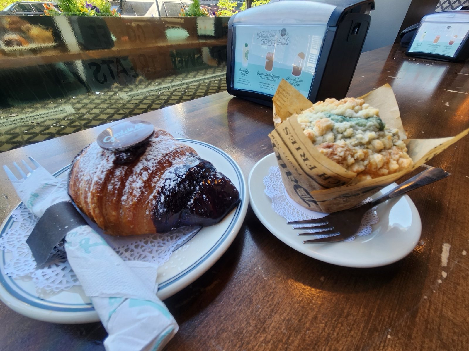 Chocolate croissant and blueberry muffin