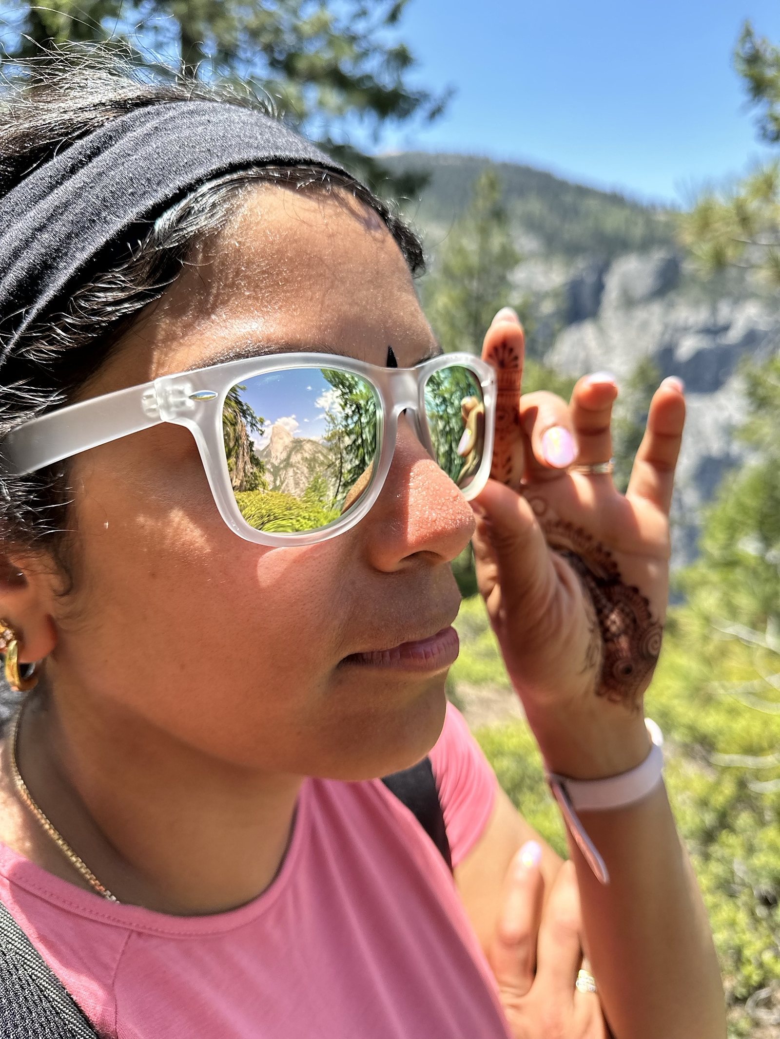 Glasses reflection of mountains in Yosemite National Park